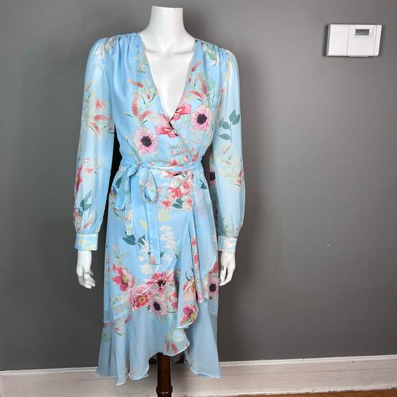 Yumi Kim dress Small wrap dress floral blue feminine ruffle Forever Yours